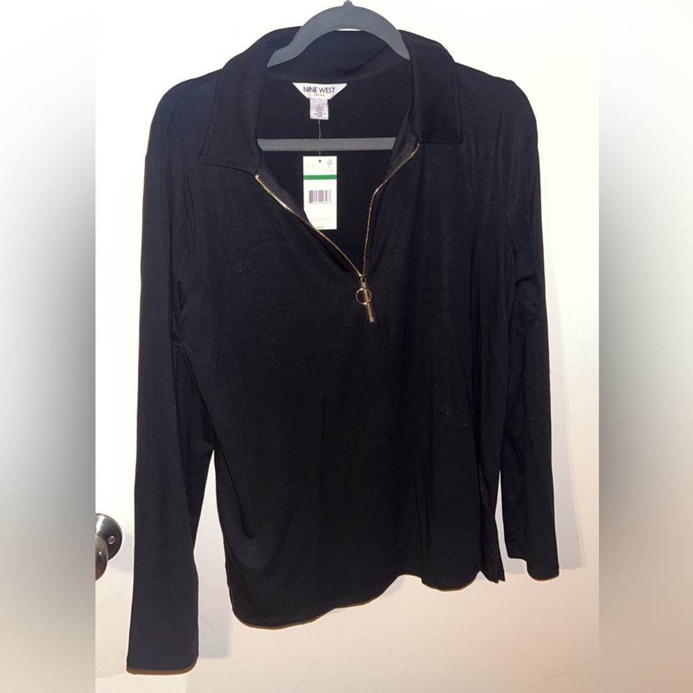 Nine West Women's Black Long Sleeve Zip-Up Blouse